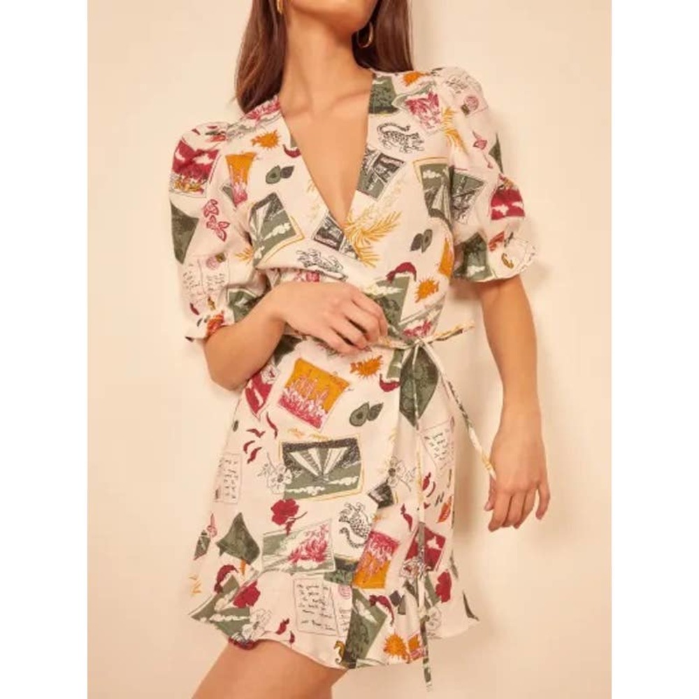 Reformation NWT Carmelo V-Neck Wrap Mini Dress Size Large in Vacaciones